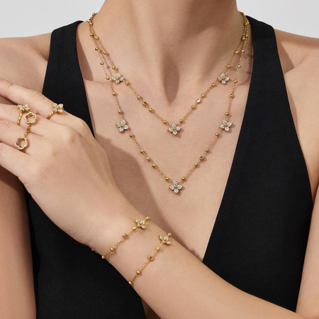 Ensemble de bijoux pour femmes avec chaîne en zircon brillant, fleur, acier inoxydable couleur or, imperméable et anti-ternissement 2