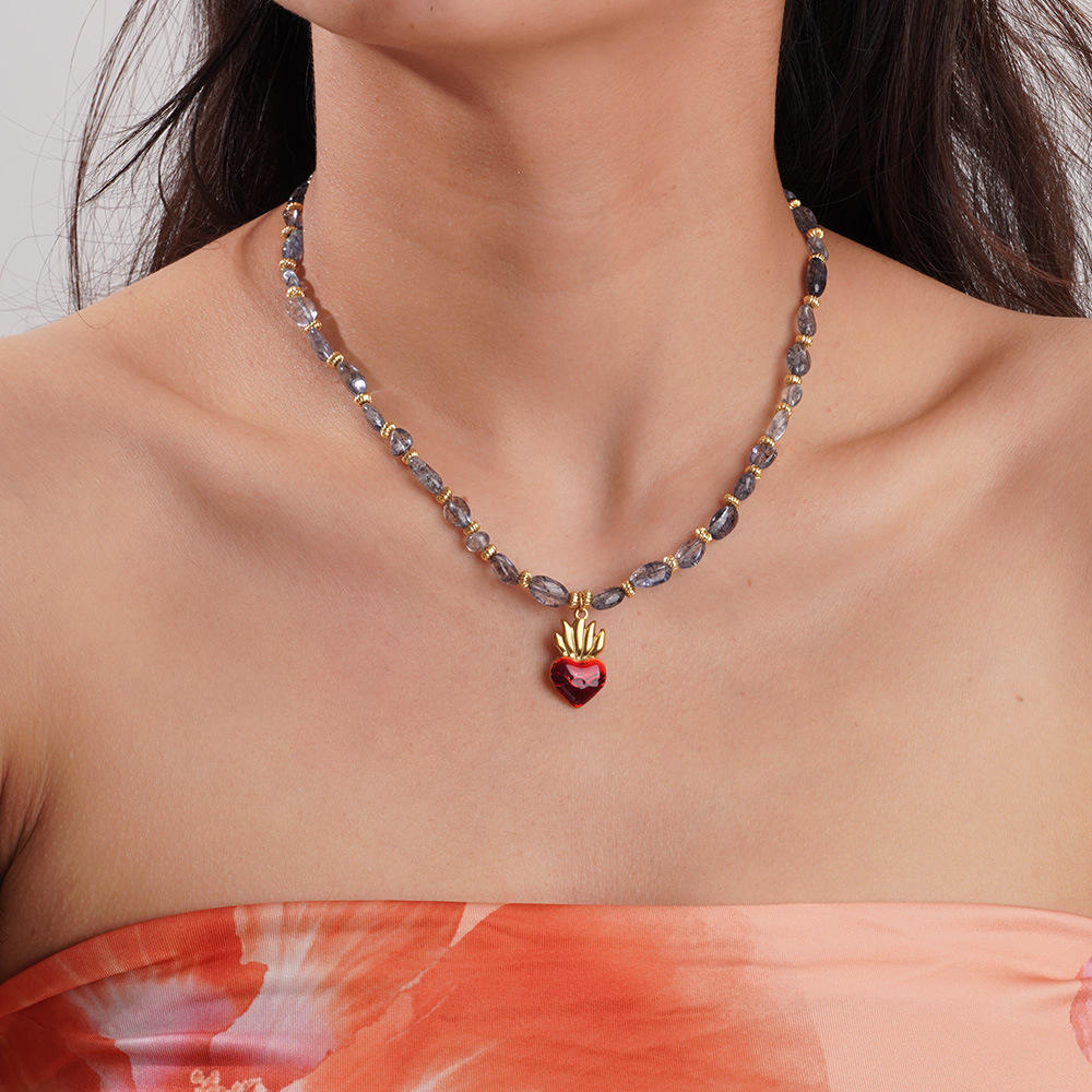 Colliers De Perles Pour Femmes En Forme De Cœur, Ornés De Pierres Naturelles À Surface Texturée Et Couleur Or Image4
