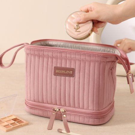 Trousse à maquillage double couche en velours uni 2