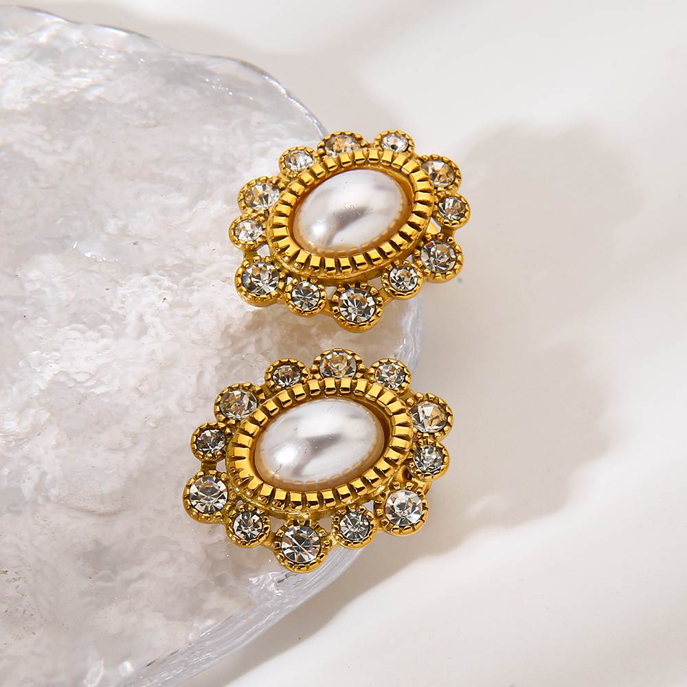 Boucles D'Oreilles Puces Élégantes Et Luxueuses En Acier Inoxydable Doré, Ornées De Zircon, Avec Motif Floral. Image6
