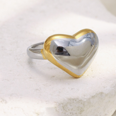 Bague en forme de cœur, étanche, en acier inoxydable doré et argenté