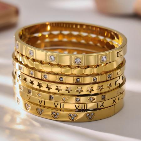 Bracelets pour femmes en acier inoxydable rainuré, imperméables et anti-ternissement, couleur or, ornés de zircon.