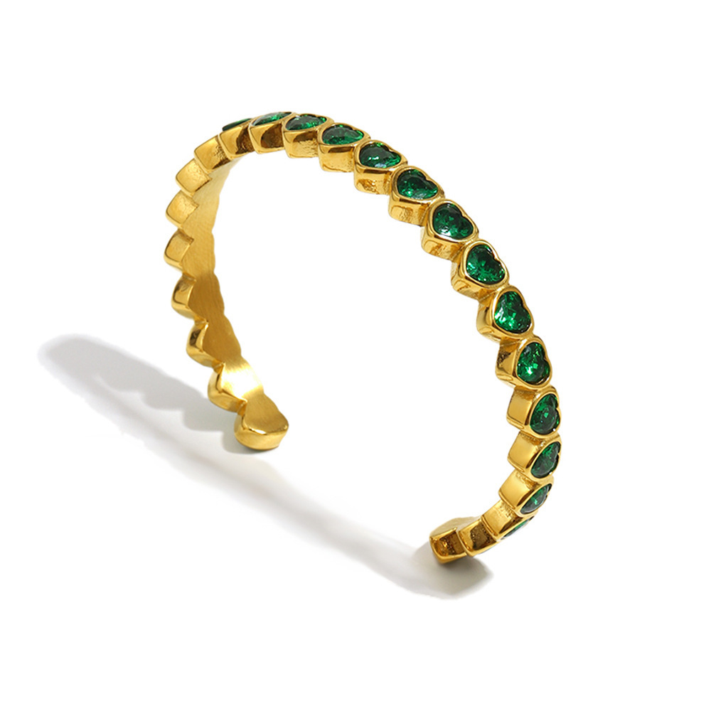 Bracelet Manchette De Luxe En Acier Inoxydable Doré Avec Zircon En Forme De Cœur, Étanche. 