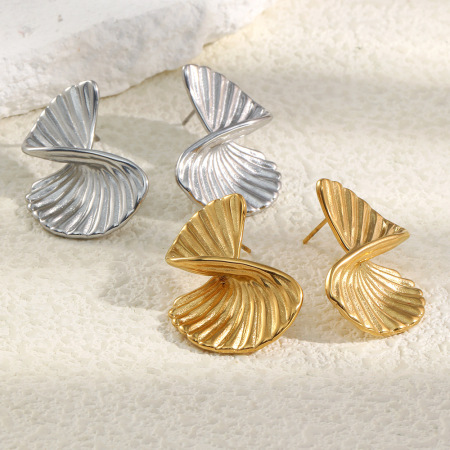 Boucles d'oreilles puces en acier inoxydable doré, étanches, en forme d'éventail torsadé