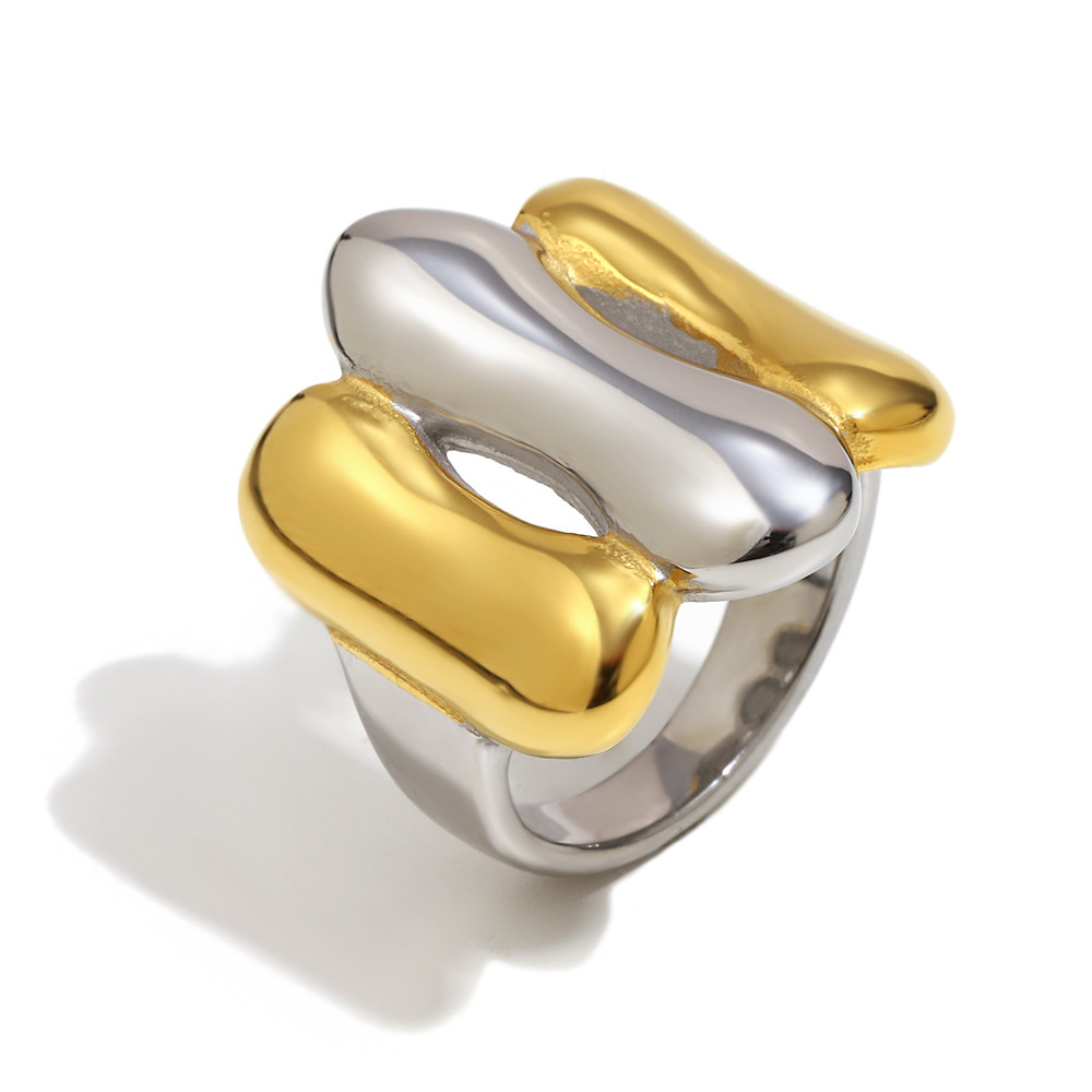 Bague Imposante En Acier Inoxydable Doré Et Argenté, De Forme Irrégulière Et Étanche.
