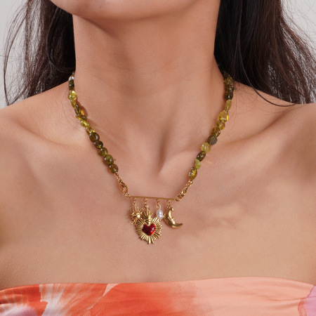 Colliers de perles pour femmes en forme de cœur, ornés de pierres naturelles à surface texturée et couleur or 2