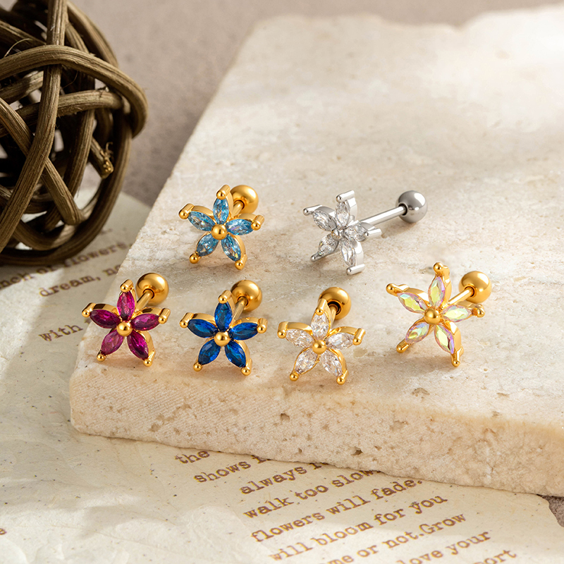 Boucles D'Oreilles Piercing Femme En Zircon Couleur Cuivre Doré À Motif Floral Scintillant Image4
