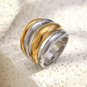 Bague Imposante En Acier Inoxydable Doré Et Argenté, Ornée De Plusieurs Cercles Et Étanche. h5 Image3