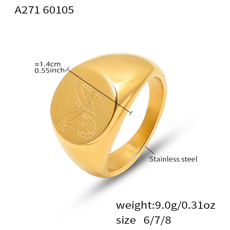 Bague Chevalière En Acier Inoxydable Rainuré, Ornée D'Une Fleur Et D'Un Papillon, Étanche Et Anti-Ternissement, Couleur Or. 