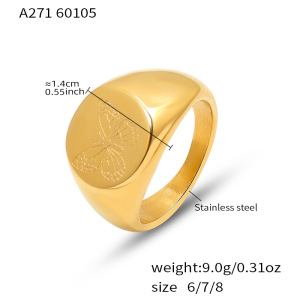 Bague Chevalière En Acier Inoxydable Rainuré, Ornée D'Une Fleur Et D'Un Papillon, Étanche Et Anti-Ternissement, Couleur Or. h5 