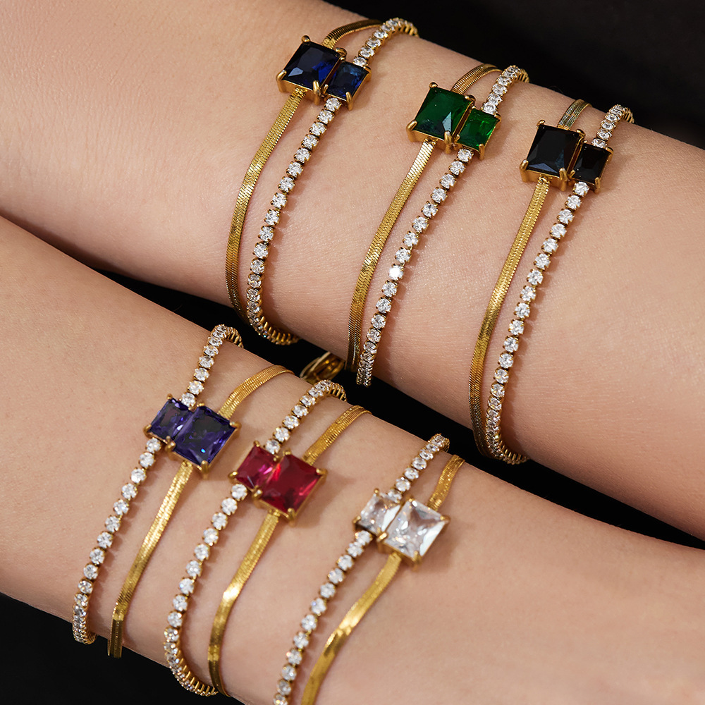 Bracelet Sophistiqué Rectangulaire En Acier Inoxydable, Orné De Zircon, Imperméable Et Anti-Ternissement, Pour Femme. Double Chaîne, Couleur Or. h5Image4