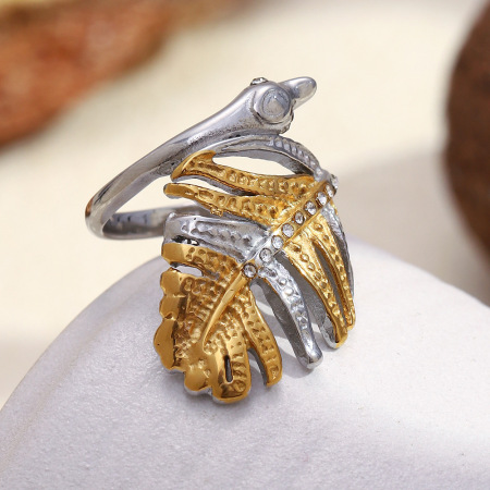 Bague statement en forme de feuille, en acier inoxydable doré et argenté, étanche