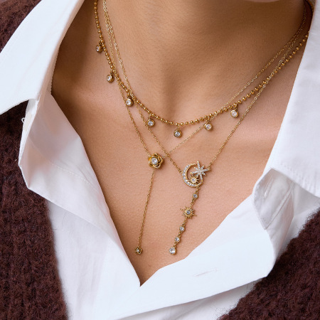 Colliers pendentifs pour femmes en acier inoxydable étanche couleur or avec étoile et lune brillantes
