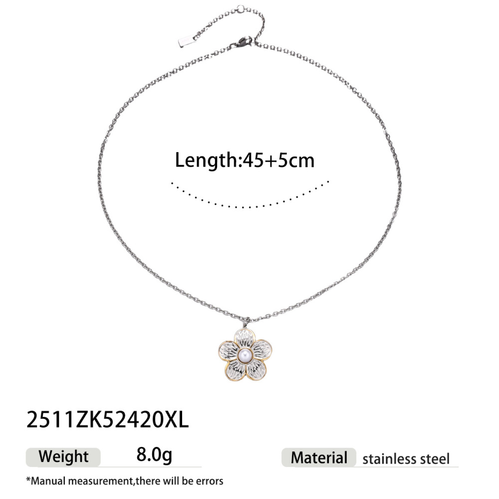 Collier Pendentif Rétro En Acier Inoxydable Imperméable En Forme De Cœur Et De Fleur, Couleurs Assorties 