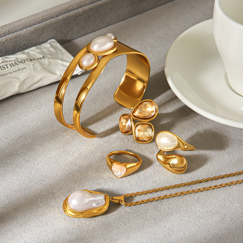 Ensemble De Bijoux Rétro En Acier Inoxydable Étanche Couleur Or Et Perles h5Image5