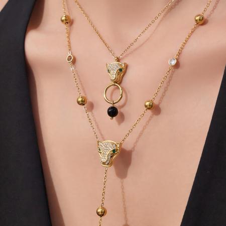 Ensembles de bijoux pour femmes en acier inoxydable doré, imperméables et anti-ternissement, ornés de zircon naturel et d'une tête de léopard