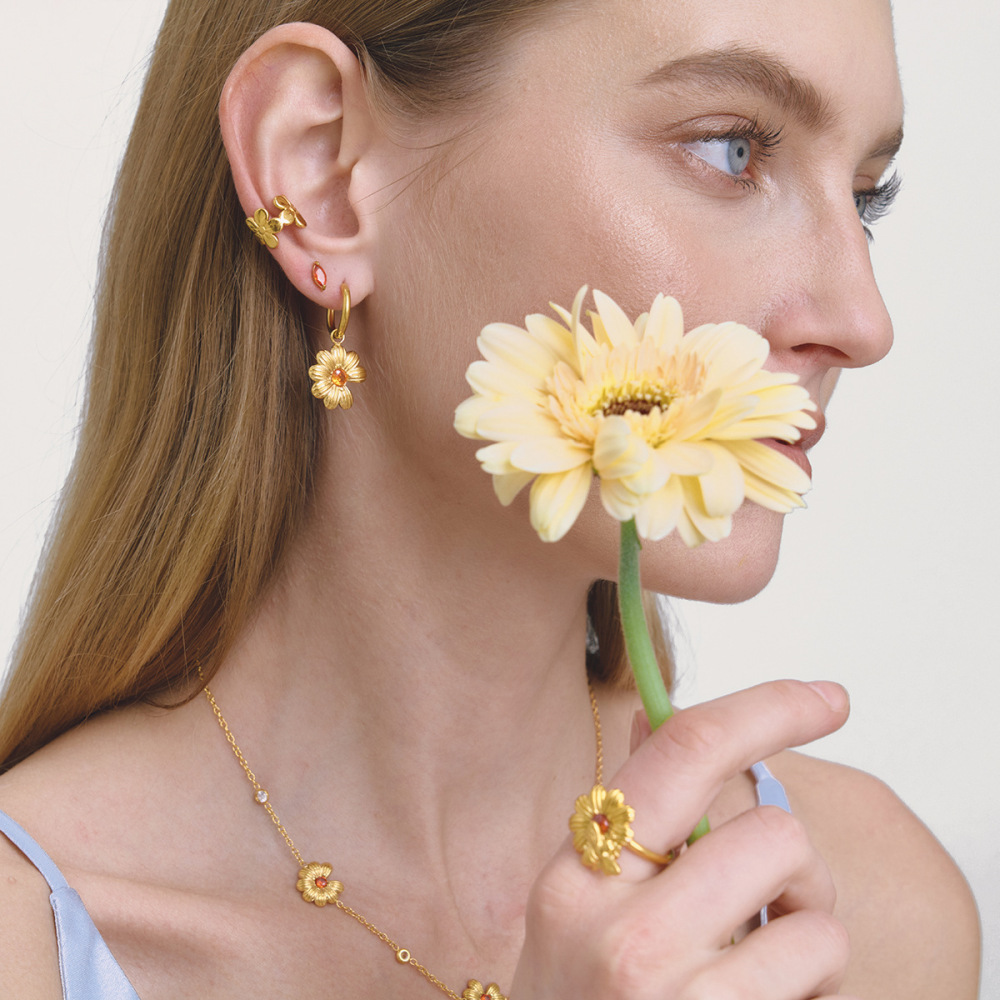 Ensembles De Bijoux Pour Femmes En Acier Inoxydable Doré, Imperméables Et Anti-Ternissement, Ornés De Zircon Orange Et De Pierres Fines. Image3