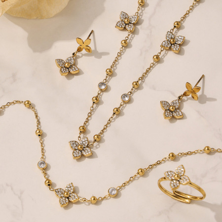 Ensemble de bijoux pour femmes avec chaîne en zircon brillant, fleur, acier inoxydable couleur or, imperméable et anti-ternissement