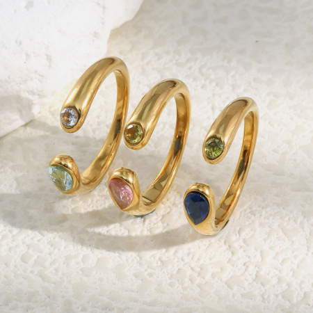 Bague statement en acier inoxydable étanche, zircon, forme linéaire, couleur or