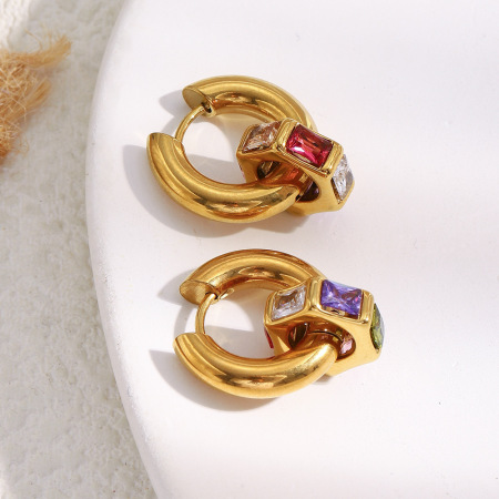 Boucles d'oreilles pendantes en acier inoxydable étanche, couleur or, avec zircon coloré