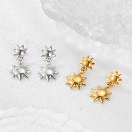 Boucles d'oreilles puces pour femmes, style classique, en acier inoxydable, plaqué or 18 carats, motif soleil. 2