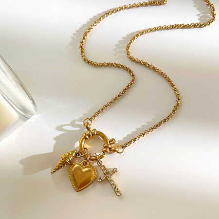 Collier Pendentif Cœur Et Croix En Acier Inoxydable Étanche Couleur Or