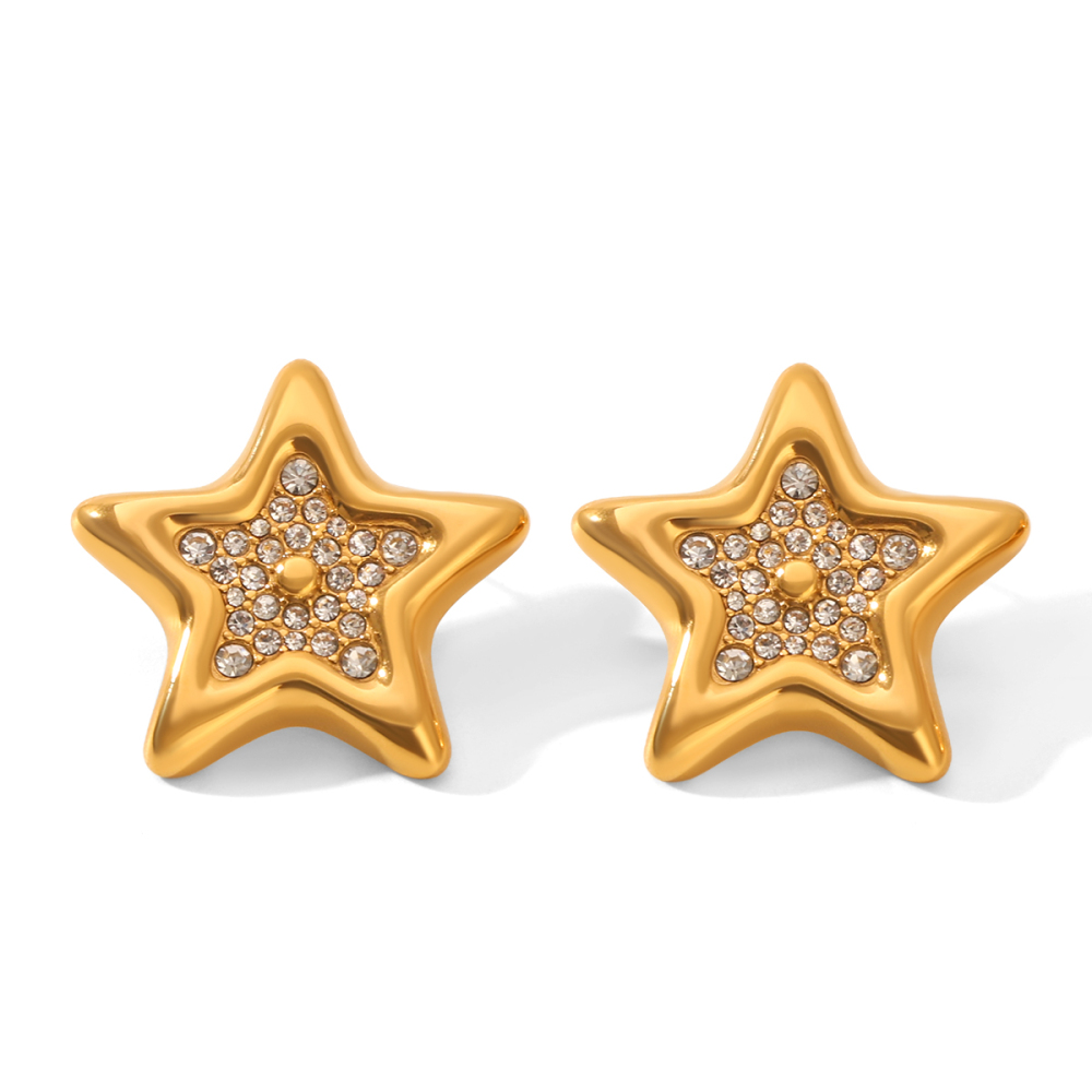 Boucles D'Oreilles Puces Pour Femmes Simple Series Daily Star En Acier Inoxydable, Étanches, Couleur Or, Avec Zircon. 