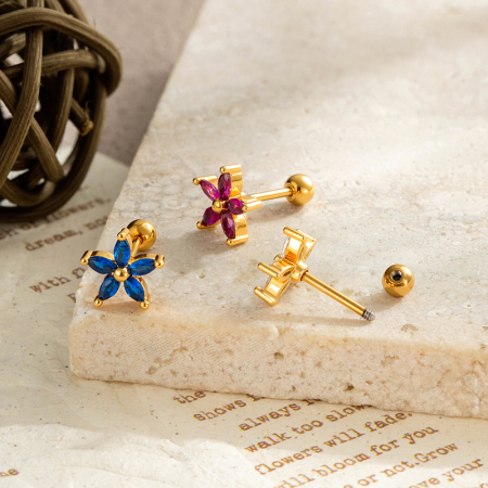 Boucles d'oreilles piercing femme en zircon couleur cuivre doré à motif floral scintillant 2