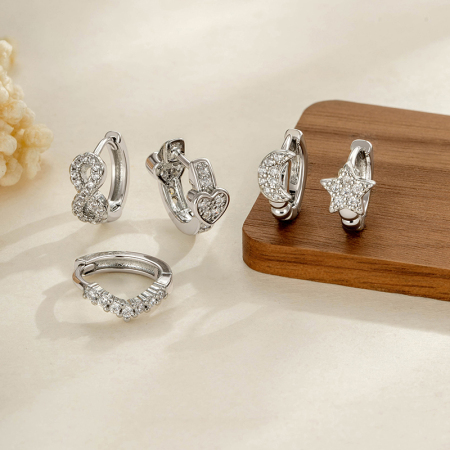 Boucles d'oreilles créoles pour femmes, motif cœur, étoile et lune, couleur cuivre doré et zircon. 2