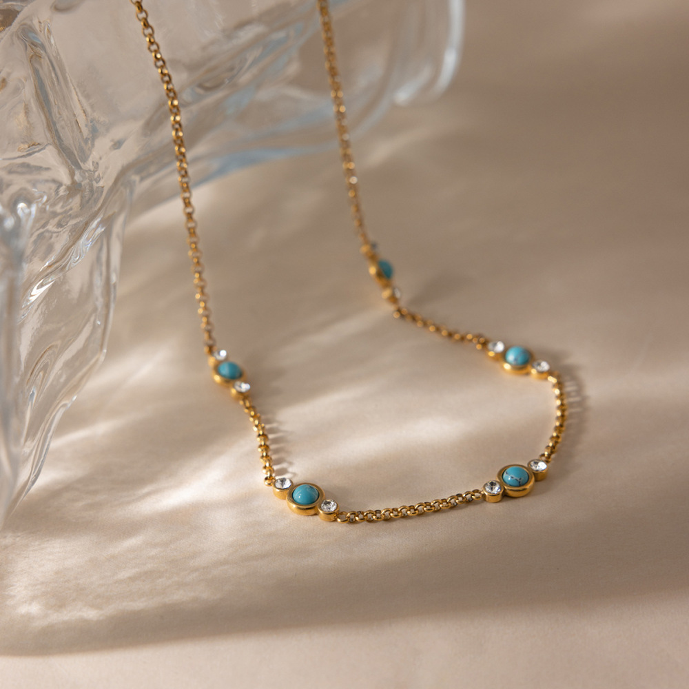 Colliers À Maillons Pour Femmes En Acier Inoxydable Turquoise Scintillant, Étanches Et Couleur Or h5Image6