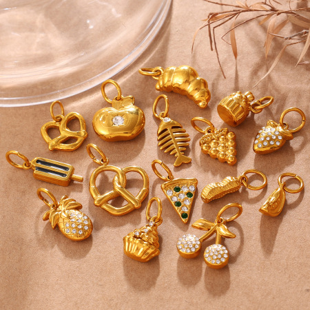 Pendentif unisexe en acier inoxydable étanche, couleur or, orné de strass, motif fruit mignon et irrégulier, collection Simple Series 2