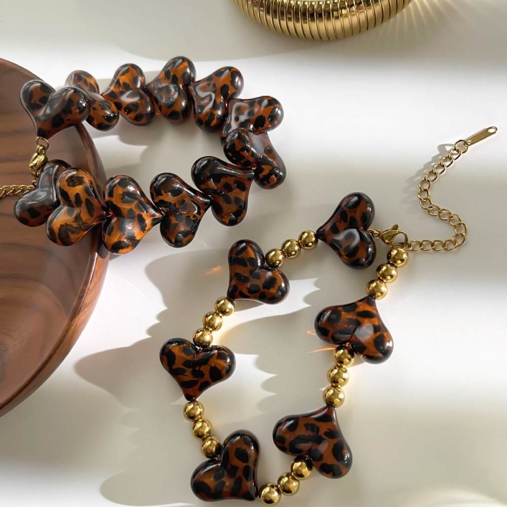 Bracelet En Perles De Résine Dorées En Forme De Cœur Léopard h5Image3