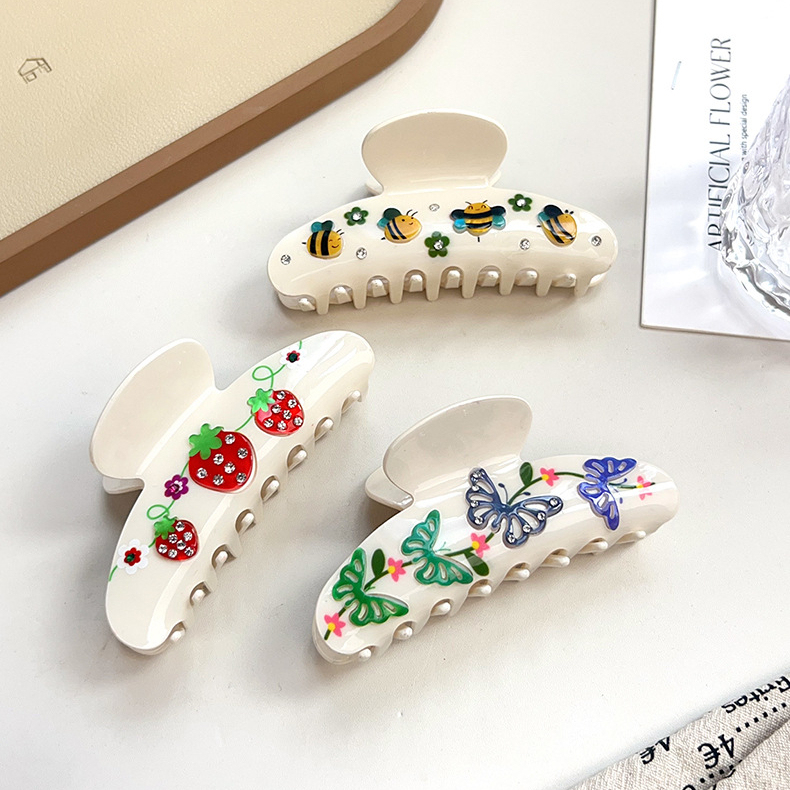 Pinces À Cheveux Acryliques Pour Femmes, Motif Fleurs Et Fruits, Cerises, Collection Romantique Image6