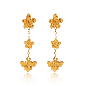 Boucles D'Oreilles Pendantes En Acier Inoxydable Doré, Imperméables, Avec Pompon Et Fleurs Et Abeilles h5 