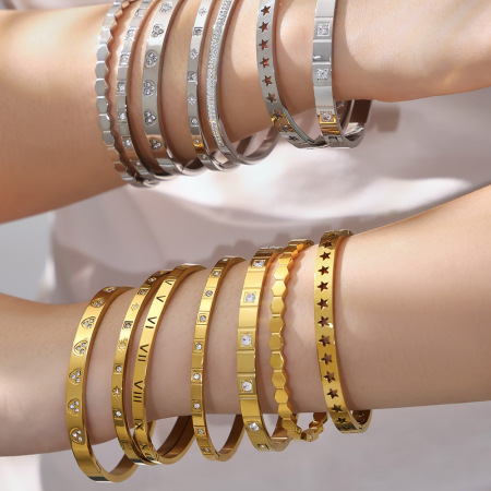 Bracelets pour femmes en acier inoxydable rainuré, imperméables et anti-ternissement, couleur or, ornés de zircon. 2