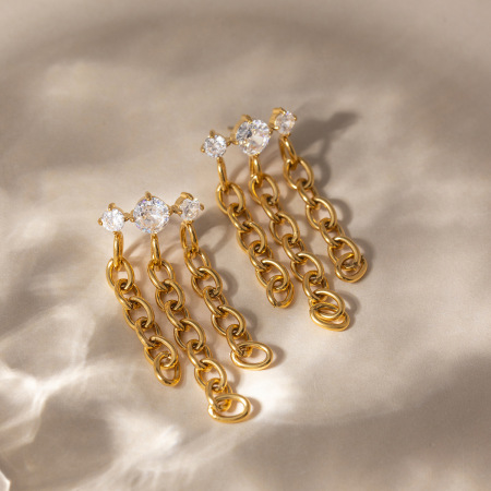 Boucles d'oreilles pendantes pour femmes, légères, à pompons, en acier inoxydable, imperméables et anti-ternissement, couleur or, ornées de zircon. 2