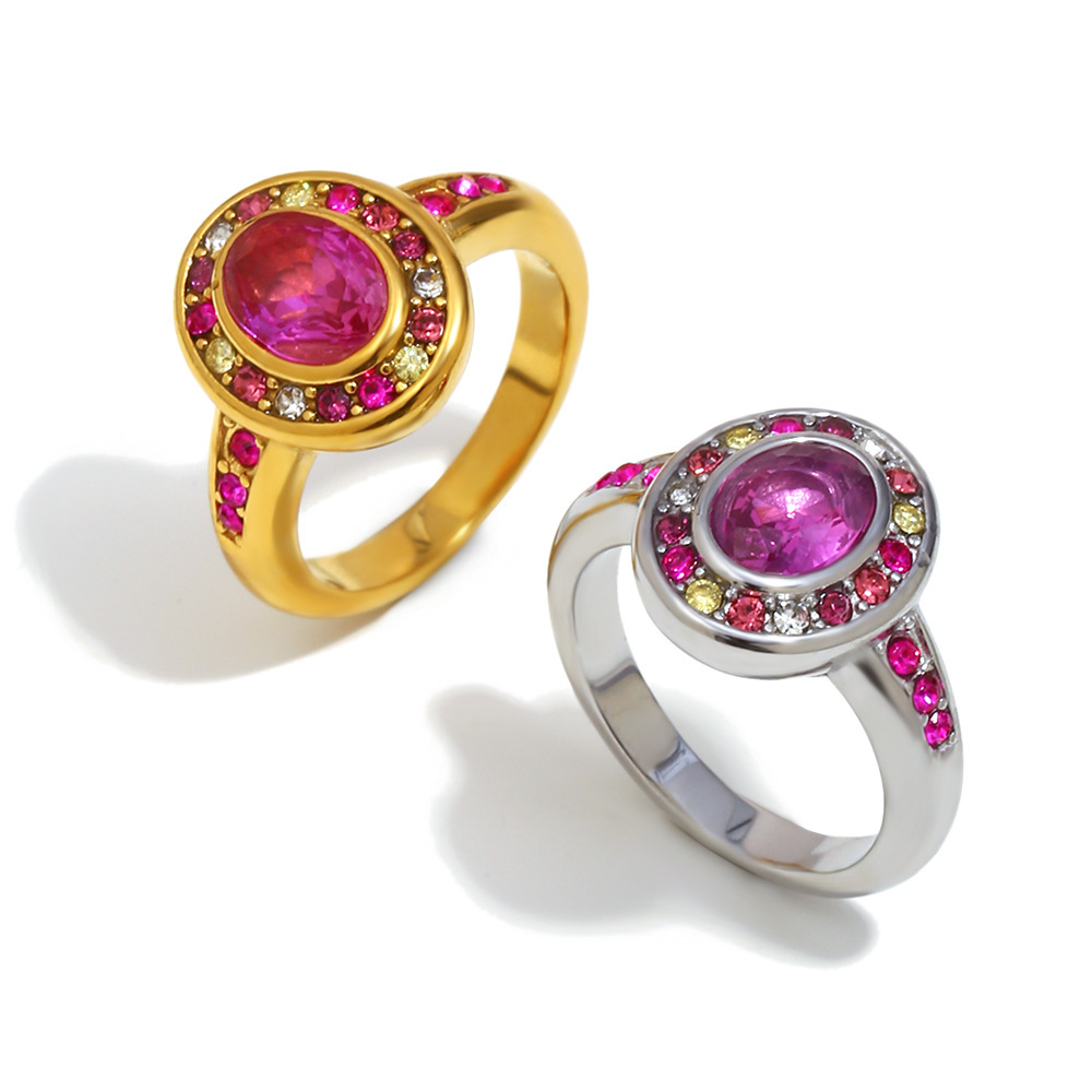 Bague Rétro Ronde En Acier Inoxydable Étanche Avec Zircon Coloré Image4