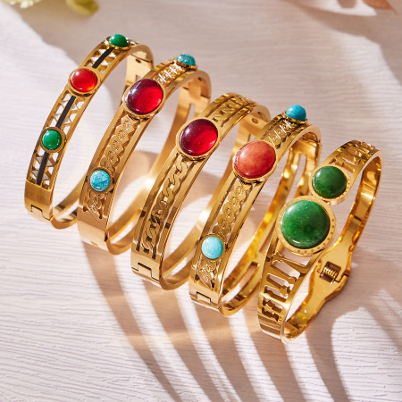 Bracelets pour femmes rétro ajourés en acier inoxydable doré avec pierre naturelle, imperméables et anti-ternissement 2