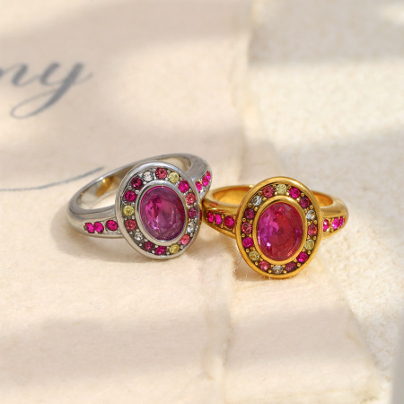 Bague rétro ronde en acier inoxydable étanche avec zircon coloré