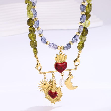 Colliers de perles pour femmes en forme de cœur, ornés de pierres naturelles à surface texturée et couleur or