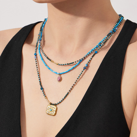 Colliers de perles rétro en pierre naturelle œil de diable, en acier inoxydable doré, imperméables et anti-ternissement, pour femmes