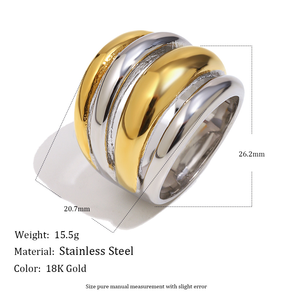 Bague Imposante En Acier Inoxydable Doré Et Argenté, Ornée De Plusieurs Cercles Et Étanche. Image4