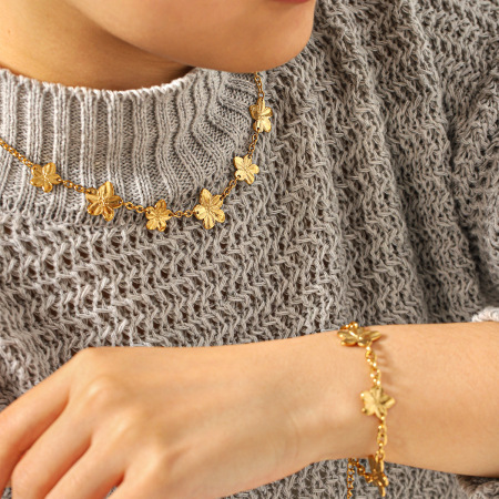 Ensemble collier et collier en acier inoxydable doré, imperméable, avec motif floral 2