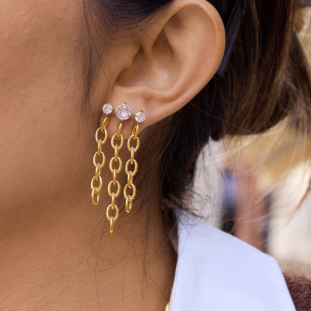 Boucles D'Oreilles Pendantes Pour Femmes, Légères, À Pompons, En Acier Inoxydable, Imperméables Et Anti-Ternissement, Couleur Or, Ornées De Zircon. Image5