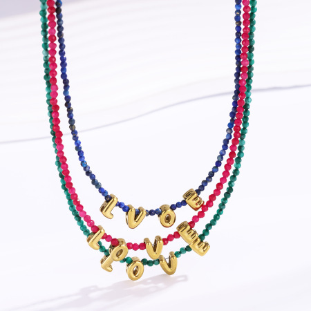 Colliers de perles scintillantes LOVE en acier titane couleur or pour femmes