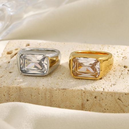 Bague classique carrée en acier inoxydable avec zircon étanche 2