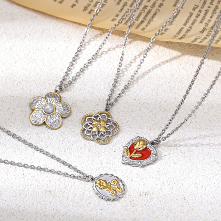 Collier pendentif rétro en acier inoxydable imperméable en forme de cœur et de fleur, couleurs assorties 2