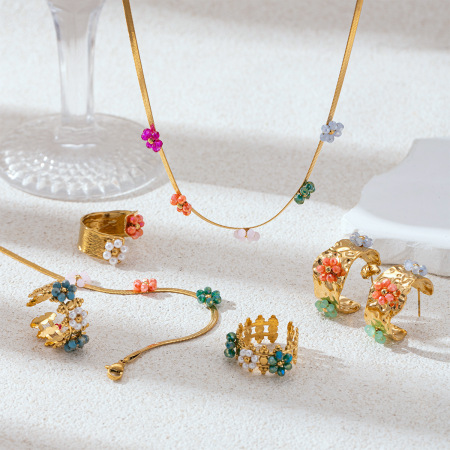 Ensemble de colliers romantiques en acier inoxydable doré, ornés de fleurs en verre