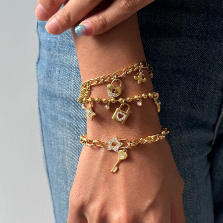 Bracelets à breloques pour femmes, style Key&Lock, en acier inoxydable, étanches et anti-ternissement, couleur or.