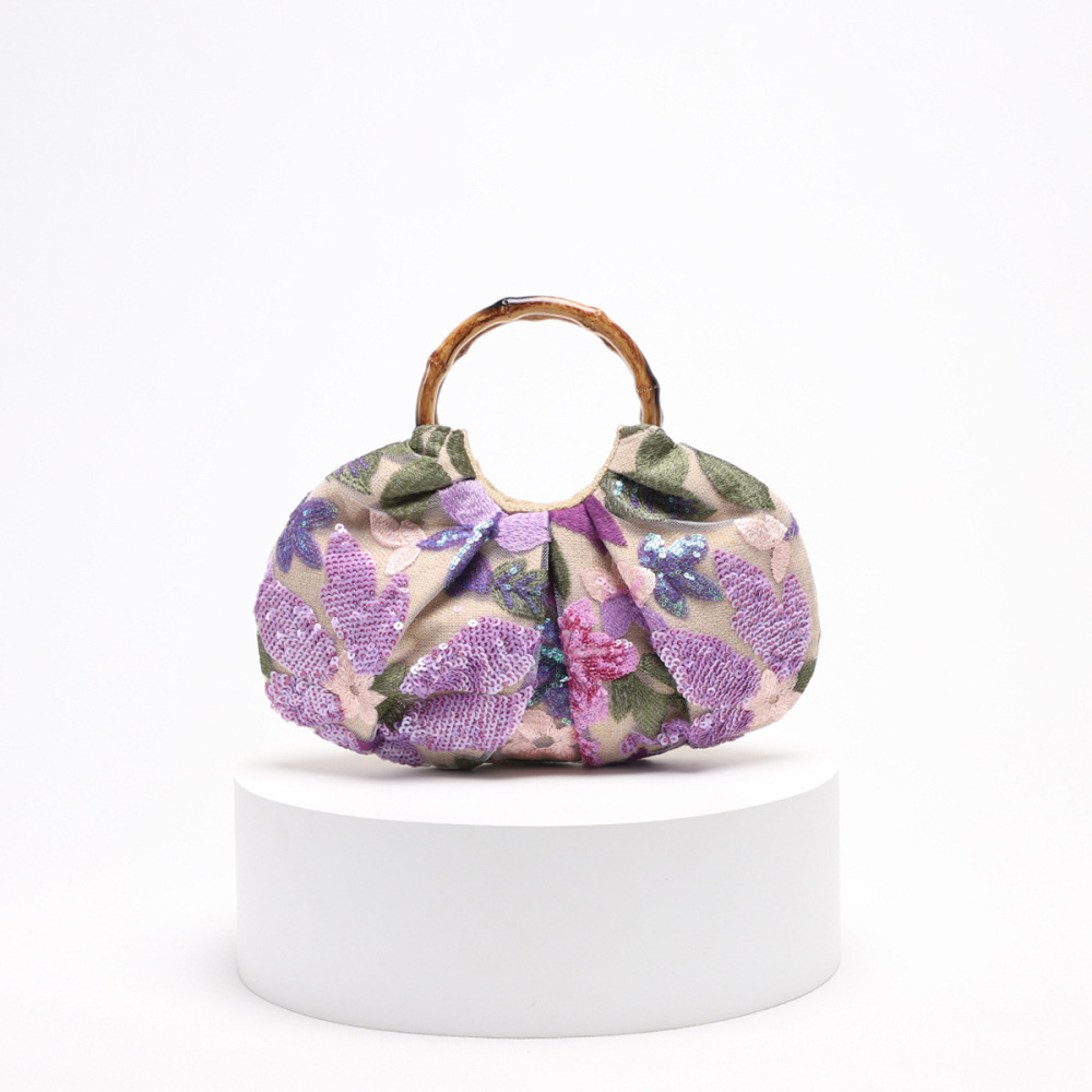 Sac À Main Pour Femme De La Série Luxueuse, Orné De Perles Florales Élégantes Et Doté D'Une Anse En Bambou (Motifs Floraux Aléatoires). 